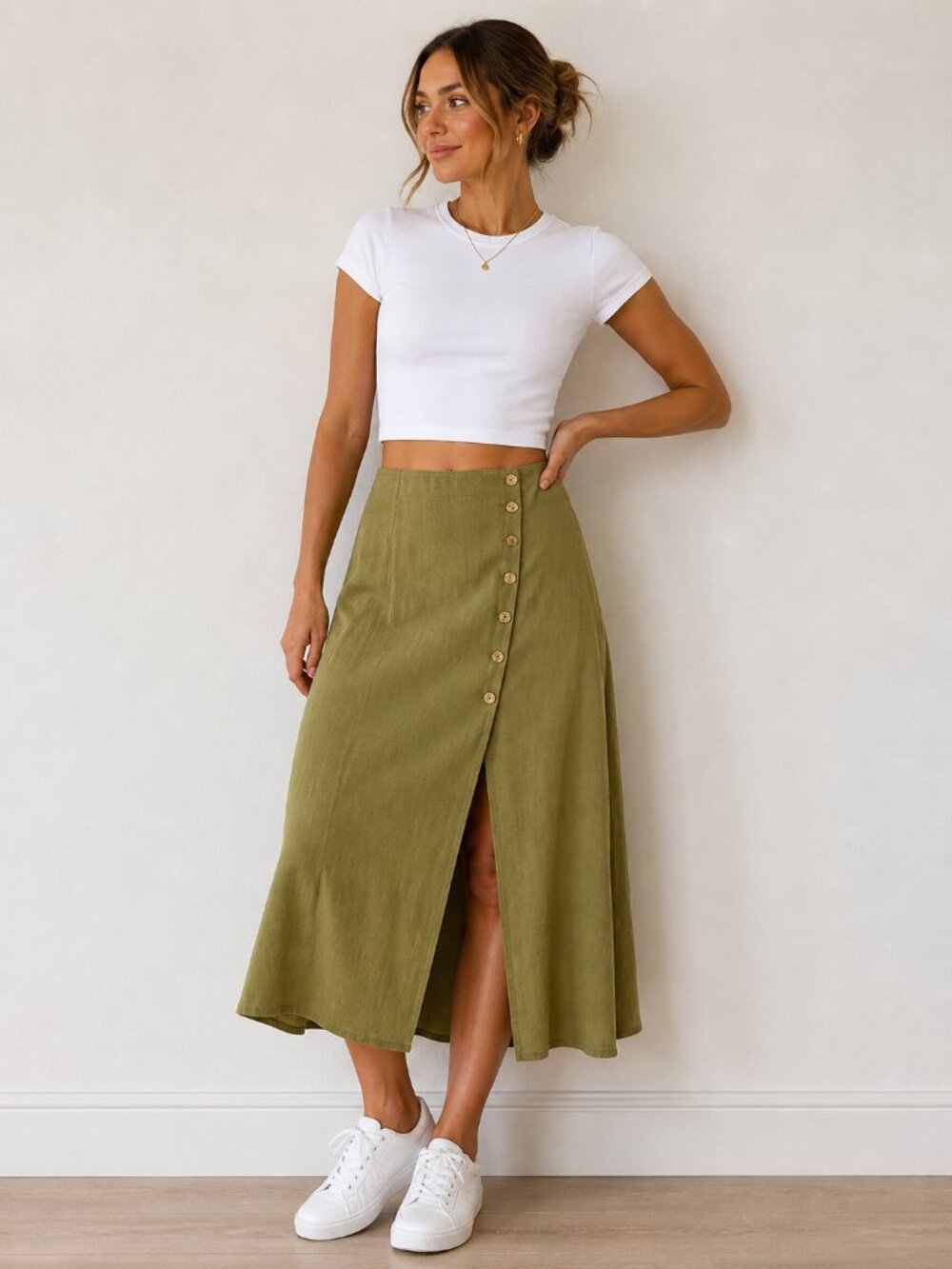 $79 Retail Urban Outfitters Olive Green Button Front Midi Skirt Linen Viscose